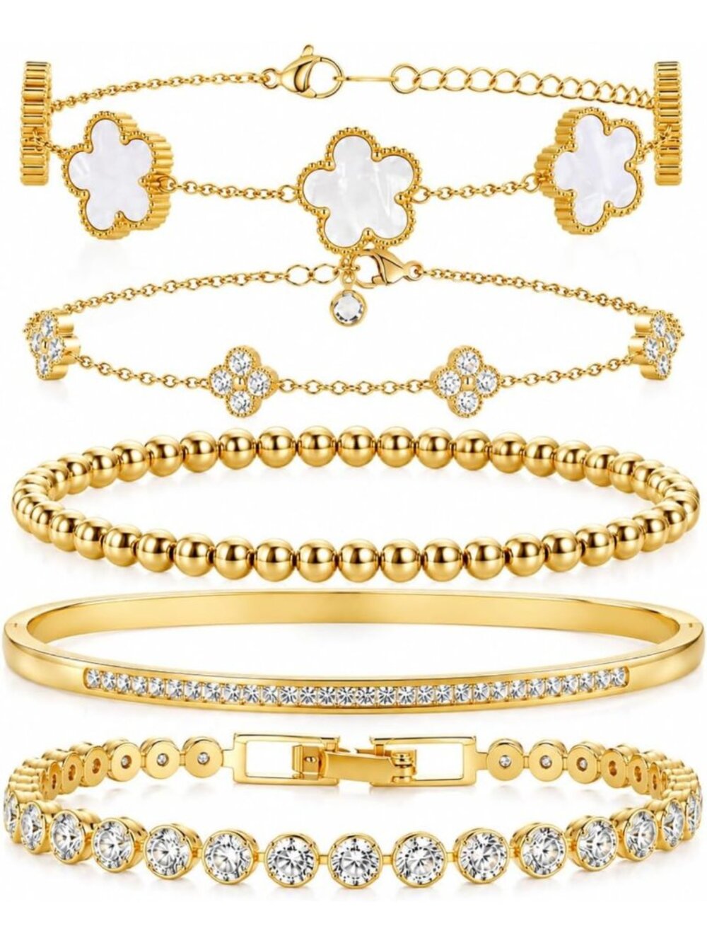18K Gold Plated Lucky Clover Bracelet Set - Stackable Adjustable Jewelry Gift